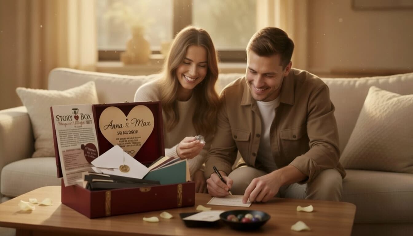 Lächelndes Paar auf dem Sofa betrachtet gemeinsam ihre personalisierte Magie der Momente Box